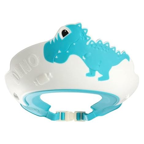Bonnet de douche pour bébé avec visière, protégeant les yeux et les oreilles des enfants de 0 à 9 ans. Motif dinosaure/crocodile/hippopotame pour un bain plus amusant (Dinosaure, Bleu). (1/5)