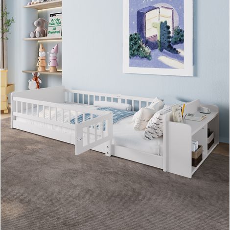 Letto bambini 90x200 cm con vano portaoggetti aperto e sponda di sicurezza con ante, senza materasso, bianco (1/5)