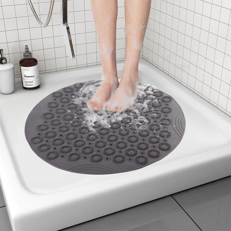 Tapis de douche antidérapant 55x55cm, rond, tapis de salle de bain avec trous d'évacuation et ventouse, gris (1/5)