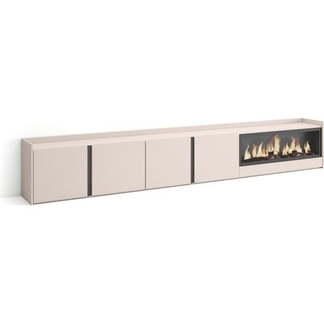 Skraut Home - Meuble TV, Banc Télé, Grand espace de Rangement, 315x35x50cm, Pour les TV jusqu'à 80", Cheminée électrique XXL, Style moderne, Beige (1/5)