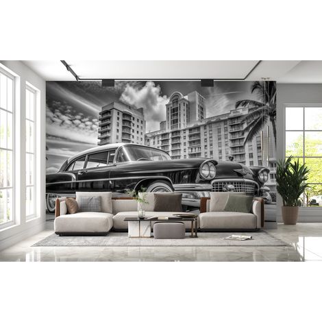 Papier peint voitures - voiture américaine classique en noir et blanc devant des palmiers - 150 x 250 cm (1/2)