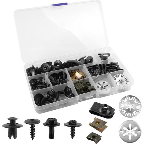 Kit di viti per carrozzeria universale da 80 pezzi, comprendente clip a U, elementi di fissaggio, viti per auto e bulloni di fissaggio, per la riparazione di cofani motore e parafanghi.