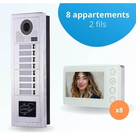 Portier interphone vidéo MODERN 2 Fils - 8 appartements - 8 écrans blancs - avec lecteur de badge