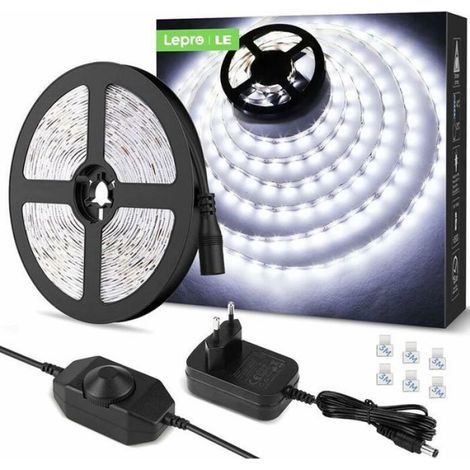 Bande Led Autocollante - 5 M - 12 V - 300 LEDs SMD 2835 - 6000 K - 1200 Lm - Dimmable - Pour Eclairage Interieur Meuble Escalier Cuisine Chambre - Kit Complet (1/4)