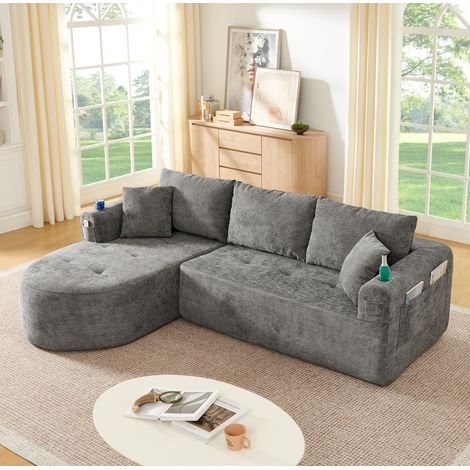 Ecksofa L-Form Grau aus Stoff mit Edelstahl-Becherhalter, Seitentaschen und montagefreiem Design (1/5)