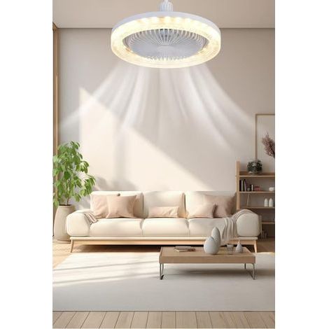 Ventilateur de plafond lumineux 50W – diamètre 26 cm – télécommande incluse – rotation 360° – 3 vitesses – design moderne blanc (1/5)
