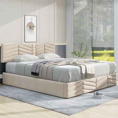 Lit double 140x200 cm - Velours beige - Sommier à lattes - Tête de lit réglable - 2 places (1/5)