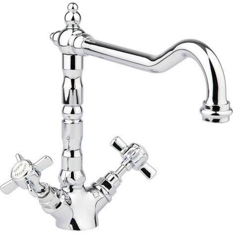 Robinet de cuisine rétro chromé à bec haut, corps en laiton massif, contrôle indépendant eau chaude/froide, design élégant. (1/5)