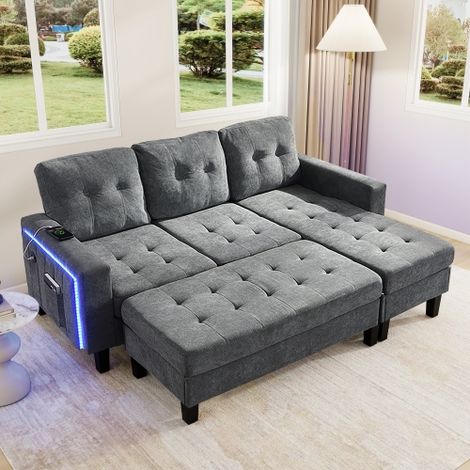 Ensemble de canapé d'angle multifonction pour salon : doté d'un pouf mobile extra-large et d'un éclairage d'ambiance LED — Combinaison canapé d'angle 3 places et pouf 2 places — Canapé-lit modulaire m