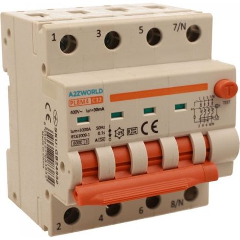 RCBO Interruttore Magnetotermico Differenziale Con Doppia Leva Tipo A Curva C 4P 4M 6000A 30mA, Diagnostica Visiva, C32A  AC 400V IP20 IEC61009-1 PL8M4 4P GB66332