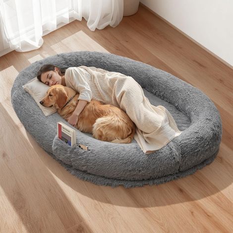 Lit pour Chien Humain 174x118x24 cm Panier Géant pour Chien en Mousse Mémoire Forme Orthopédique avec Poche Latérale, Poignée, Fermeture Éclair, Housse Amovible, Lavable en Machine, Gris Foncé (1/5)