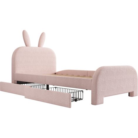 Kinderbett Einzelbett mit 2 Schubladen und Kopfteil in Hasenform, 90 × 200 cm, ohne Matratze, aus Pluesch und MDF, Rosa (1/5)