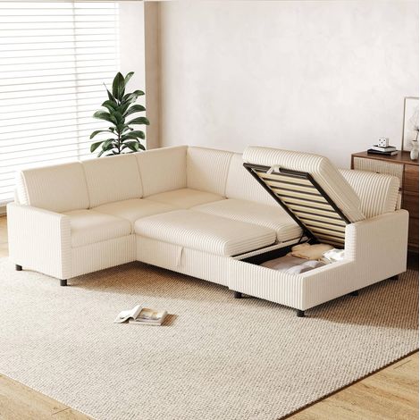 Sofá cama esquinero en forma de U de 274x220x85 cm con compartimento de almacenamiento, estructura estable, cordón grueso - beige (1/5)