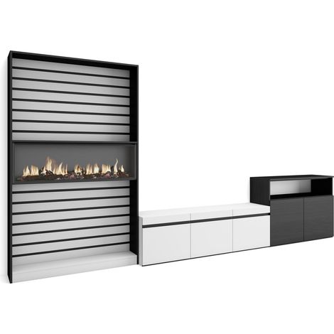 Skraut Home – Ensemble meuble TV moderne avec cheminée électrique – Dimensions 360x35x186cm – Pour TV jusqu'à 65" – Rangement optimisé en blanc et noir (1/5)