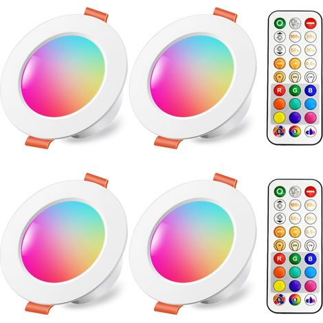 Spots LED Encastré 8W (équivalent 60W) Découpe 68-85mm, Couleur RGB Changement Variation Coloré RGBW IP44 Blanc froid 5700K Rond Encastrables par Télécommande (lot de 4) (1/5)