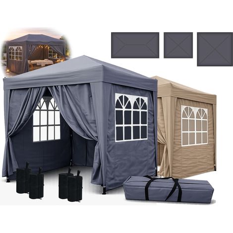 Pop-Up-Pavillon 2 x 2 m Smoky Grau mit 4 Easy-Klett Seitenwänden und 4 Fußgewichten