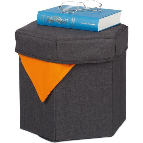 Relaxdays Sgabello con Contenitore, Pieghevole, Imbottitura Morbida, in Soggiorno, Stoffa HLP: 31x36x32 cm, Grigio Scuro (1/5)