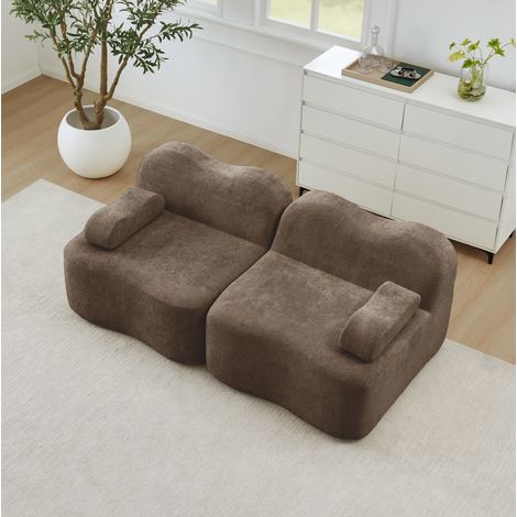Canapé droit 2 places en velours marron, Canapé en forme vague modulaire, assise profonde, sans montage,192x98x70cm, pour petits espaces (1/5)