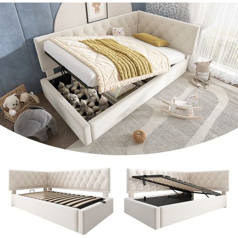 Cama diván moderna en L 90x190 cm de terciopelo beige con cabecero reversible, almacenaje hidráulico y somier de láminas (1/5)