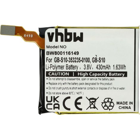 vhbw Akku Ersatz für Sony GB-S10, 1288-9079, 1588-0911 für Smartwatch Uhr Fitnessarmband (430 mAh, 3,7 V, Li-Polymer)