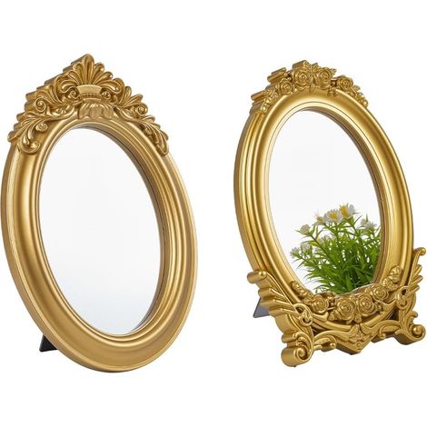 2 Pcs 2 Styles Petit Miroir Vintage Doré, Miroir de Maquillage Ovale Antique avec Cadre et Support pour Chambre à Coucher Salon Commode Décoration (1/5)