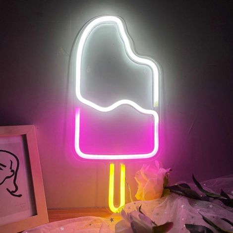 1 lampe néon LED en forme de glace, décoration murale, enseigne lumineuse USB pour chambre d'enfant, anniversaire, bar