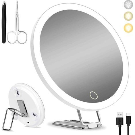 Miroir de maquillage grossissant 30x (15 cm), lumière LED rechargeable, support pivotant à 360°, 3 ventouses, miroir grossissant 10x/20x