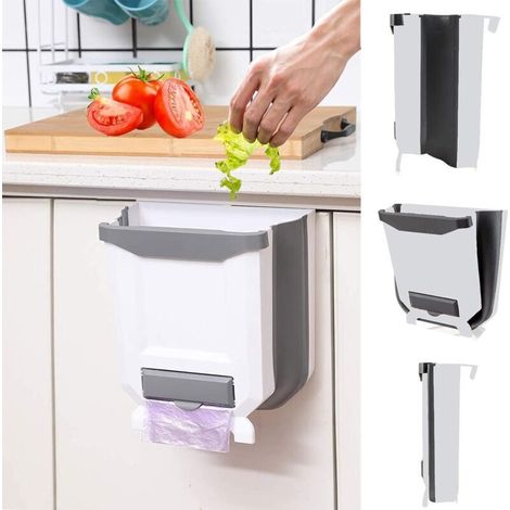 Poubelle pliante de cuisine suspendue de 2,4 gallons, petite poubelle pliante en plastique de 10 L, blanc (1/4)