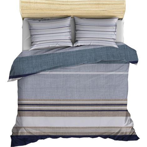 Parure housse de couette + 2 taies d'oreiller 240x220 Bleu Blanc Gris (1/2)