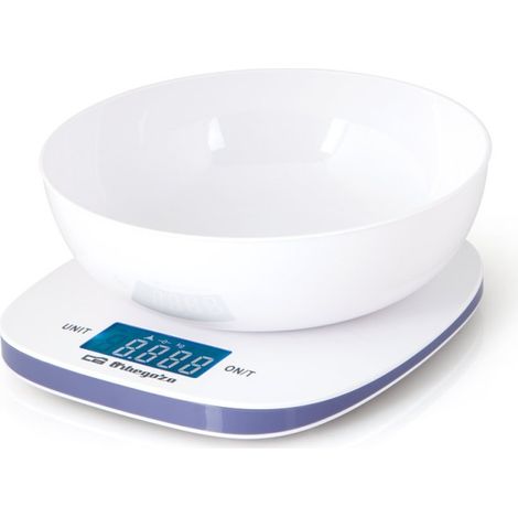 Peso elettronico da cucina Orbegozo. Display LCD. Include una ciotola di pesatura da 1,5 L. Capacità massima: 5 kg.