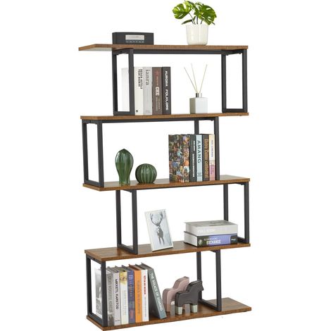 Meerveil Libreria a forma di S, Scaffale Portaoggetti, Libreria a 4 Ripiani, Libreria in Stile Industriale, con Struttura in Metallo, 76 x 24 x127.5cm, per Soggiorno e Ufficio, Marrone (1/5)
