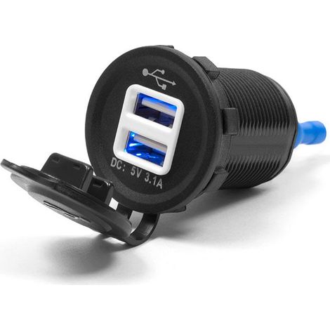 Toma USB doble para motocicleta Biketec con retroiluminación, montable en una superficie plana (carenado, baúl) o en el manillar requiere adaptador BTMUS28.