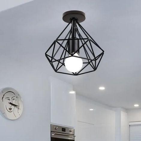 Retro Plafonnier en Cage Diamant Lustre Suspension Luminaire en Fer Forge Industrielle pour Entrée Porche Couloir (1/4)