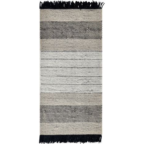 Tapis Beige et Noir en Laine 80 x 150 cm Fait Main à Franges Décoratives Yazlik