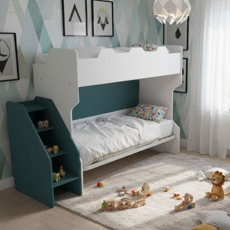 Letto a castello salvaspazio con terzo letto estraibile e scala laterale - Ideale per camerette - Bianco e Petrolio