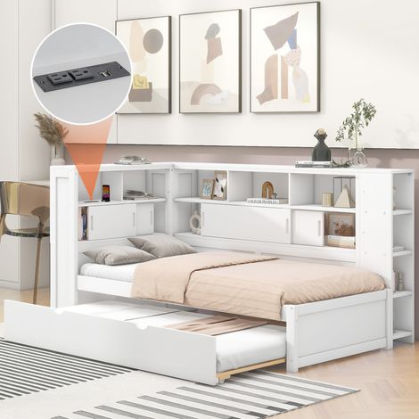 90x200cm(90x190cm) Plattformbett, Kinderbett, Plattformbett mit Ausziehbett, Plattformbett mit Staufach mit USB, Weiß (1/5)