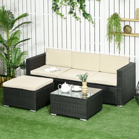 Conjunto de Muebles de Ratán de Jardín Sofá de 3 Plazas Taburete y Mesa de Centro con Encimera de Cristal Negro (1/5)
