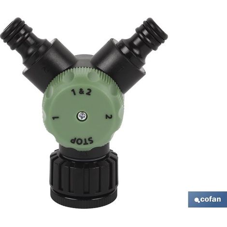 COFAN colector de riego 2 salidas , Colector de riego con 2 salidas y enganche directo al grifo. La medida de la cabeza es 3/4 - 1. Convierte un grifo de jardín en 2 salidas para q (1/5)