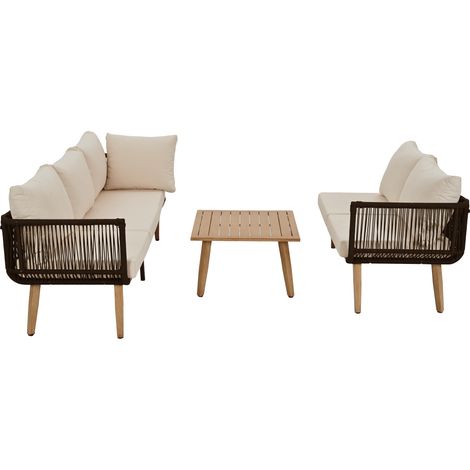 ELVMI Salotto da Giardino con 1 Divano e 1 Tavolino, Intreccio in Corda, Olefina e Acciaio Zincato, Beige e Nero (1/4)