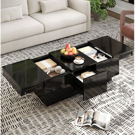 Tavolino da salotto nero 100x50x31 cm, 2 cassetti e vani scorrevoli, legno e MDF MEUBLIV (1/5)