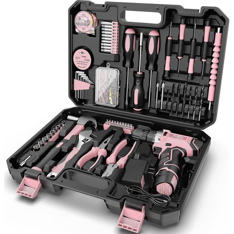 Sundpey Caisse a Outil 206 Pcs, Visseuse Devisseuse Sans Fil 12V pour Serrer/Desserrer des vis, Malette Outils avec Perceuse-Visseuse pour Bureau, Réparation à Domicile avec Tournevis et Pinces Rose (1/5)
