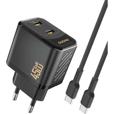 Cargador de pared 2xUSB-C con cable USB-C GaN PD de 45W - negro (1/5)