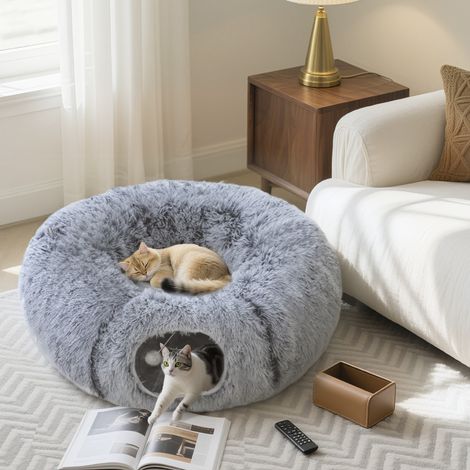 Tunnel pour chat intérieur avec lit de chat en forme de donut gris clair coussin circulaire lavable 90x80x27cm conception robuste (1/4)
