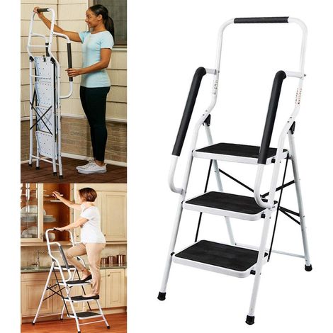 Dayplus – Escabeau pliable en acier à 3 marches – Charge 150 kg – Large marches antidérapantes – Dimensions 47x66x130,5 cm pour usage intensif