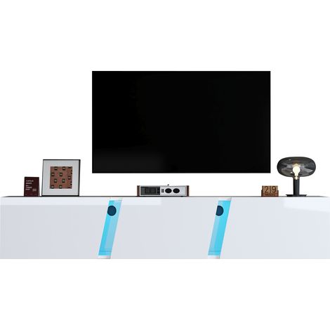 180 × 35 × 30 cm Meuble TV mural lowboard avec éclairage LED, 3 portes, finition brillante blanche, adapté aux téléviseurs jusqu’à 75 pouces