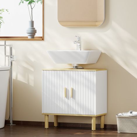 Mobiletto sottolavabo, mobiletto da bagno con 2 ante e ripiano regolabile, 60 x 30 x 61 cm, bianco