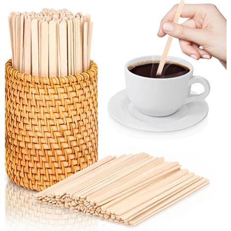 Lot de 100 touilleurs à café avec support pour agitateurs à café en rotin - 14 cm - Bâtonnets jetables en bois - Pour boissons chaudes et froides - Plan de travail de cuisine (100, rotin) (1/5)