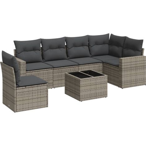 Salon de jardin avec coussins 7 pcs Mobilier de jardin gris résine tressée (1/5)