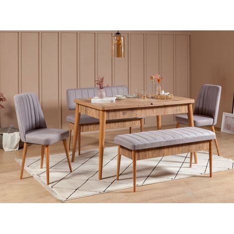 Ensemble table extensible 2 chaises et 2 bancs bois naturel et tissu gris Mariva (1/5)