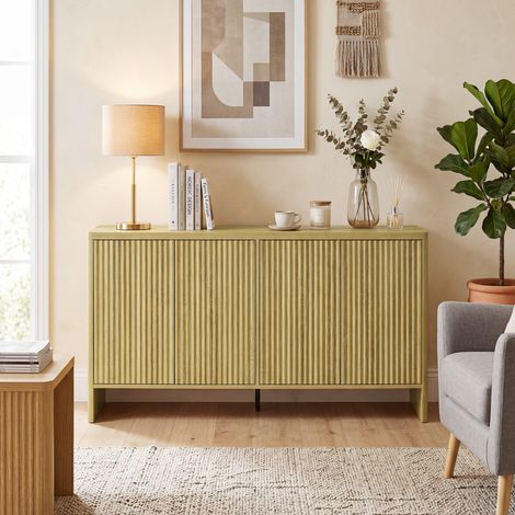 Credenza da soggiorno, mobile contenitore con 4 ante scanalate, ripiano regolabile, meccanismo push-to-open, 147x40x77 cm, rovere